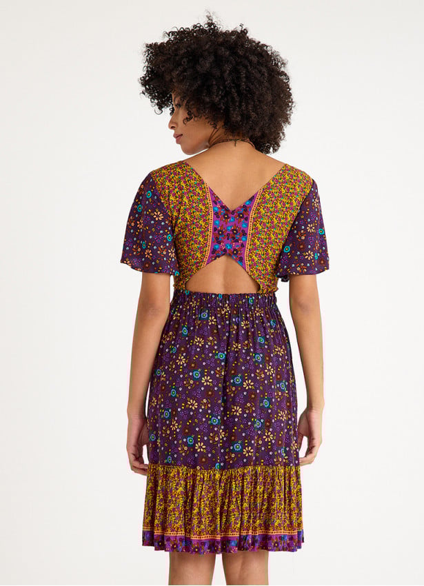Border Hem Detail Tie Front Purple Floral Summer Dress